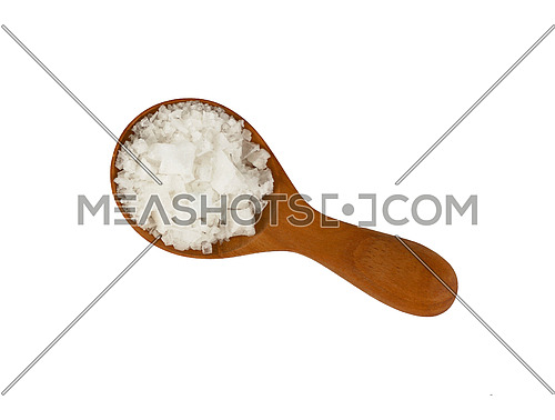 Close up one wooden scoop spoon full of white Cyprian pyramid sea salt isolated on white background, elevated top view, directly above