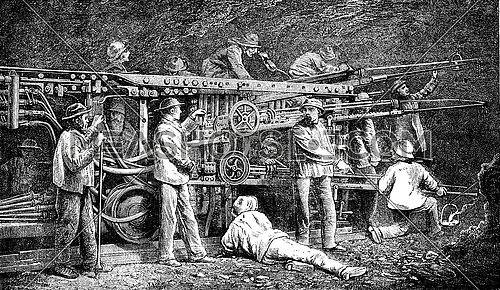 Machine used in tunneling of the Alps, vintage engraved illustration. Le Tour du Monde, Travel Journal, (1872).