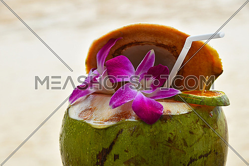 Fresh open green coconut milk juice with straw decorated garnished with tropical purple orchid flowers and orange slice at sand beach background