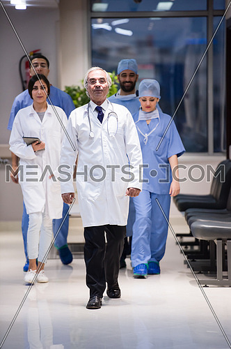 middle eastern team of doctors walking the halls of a major modern clinics