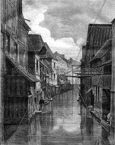 Pont-Audemer, View from the Commerce Street bridge in Grand Moulin, vintage engraved illustration. Magasin Pittoresque 1878.