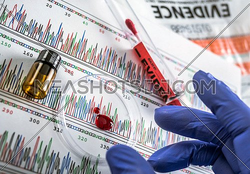 Police expert examines blood sample disk petri in search of DNA test, conceptual image