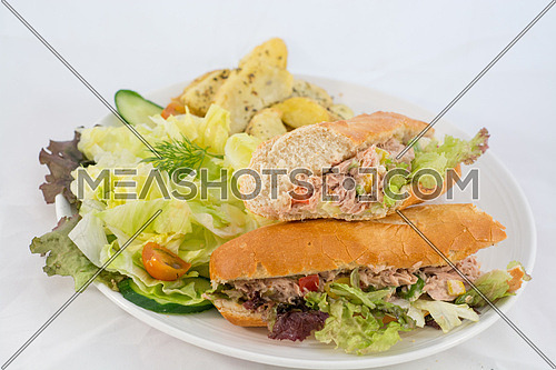 A plate with a tuna sandwich, salad and potatoes