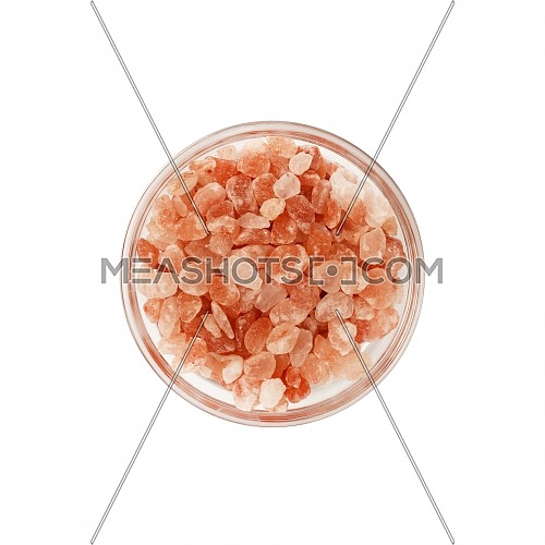 Close up one glass bowl saltcellar full of large crystals pink Himalayan salt isolated on white background, elevated top view, directly above