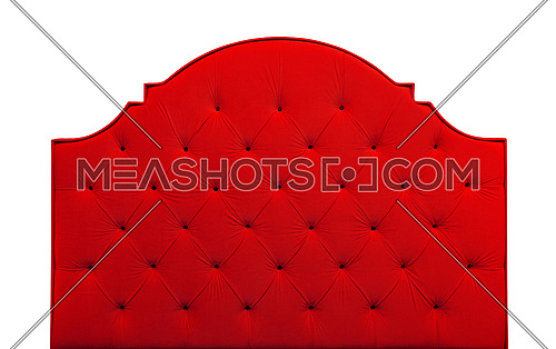 Shaped scarlet red soft velvet fabric capitone bed headboard of Chesterfiels style sofa isolated on white background, front view