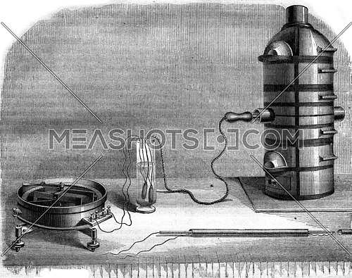 Electric pyrometer, vintage engraved illustration. Magasin Pittoresque 1869.
