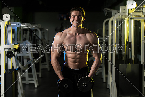 Young Man Exercising Shoulders With Dumbbells And Flexing Muscles - Muscular Athletic Bodybuilder Fitness Model Exercises