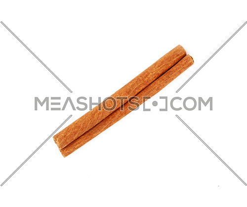 Close up one cinnamon stick isolated on white background, elevated top view, directly above