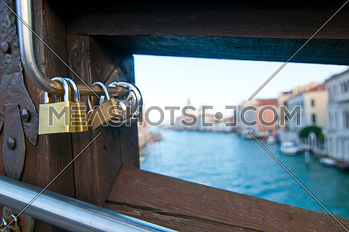 Unusual view of Venice Italy  love lockers on Accademia bridge