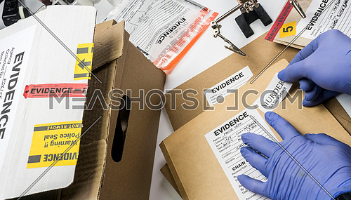 Police expert pastes sticker of murder in the laboratory scientist, conceptual image