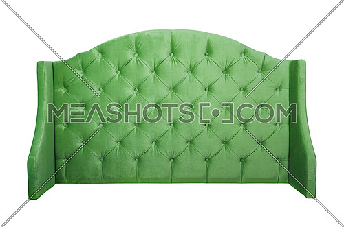 Shaped green color soft velvet fabric capitone bed headboard of Chesterfiels style sofa isolated on white background, front view