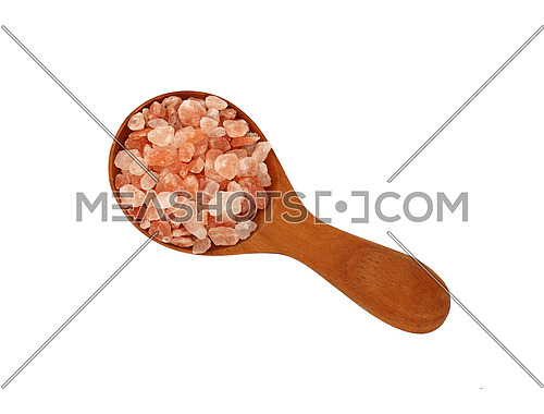 Close up one wooden scoop spoon full of large crystals pink Himalayan salt isolated on white background, elevated top view, directly above