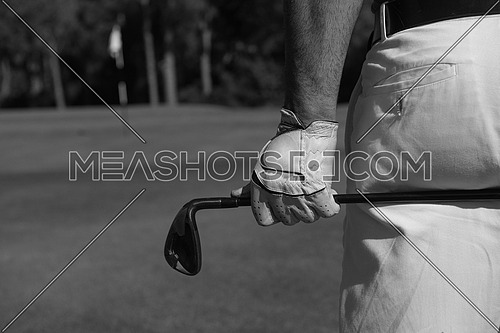 golf player hand and driver close up  from back with course in background  at beautiful sunny day