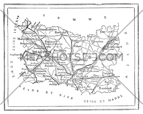 Map of the department of Oise, vintage engraved illustration. Journal des Voyage, Travel Journal, (1880-81).