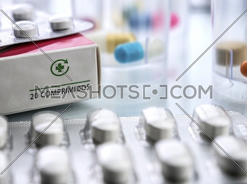 Different types of blister with medication in a hospital, conceptual image