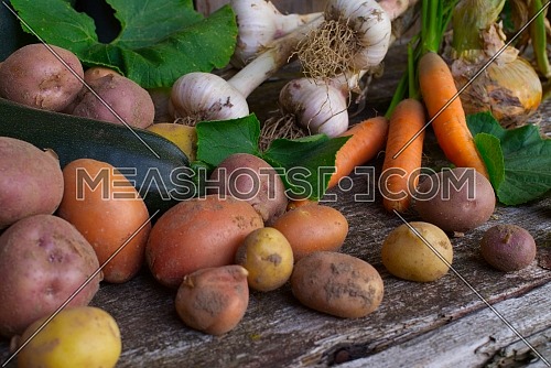 Assortment of freshly harvested healthy farm vegetables on a rustic table with potatoes, garlic, carrots, courgette and onion