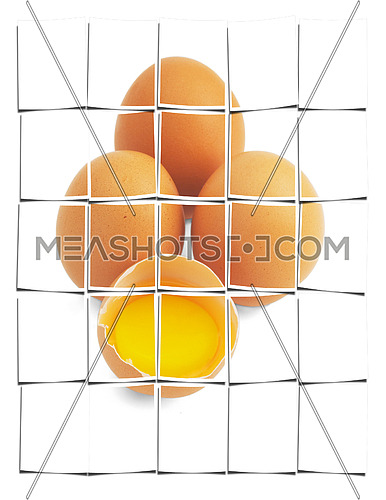 four eggs,one open ;isolated on white background