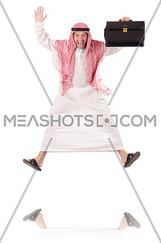 Jumping arab businessman isolated on the white