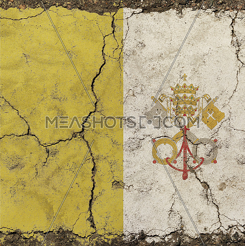 Old grunge vintage dirty faded shabby distressed square Vatican City flag with coat of arms background on broken concrete wall with cracks