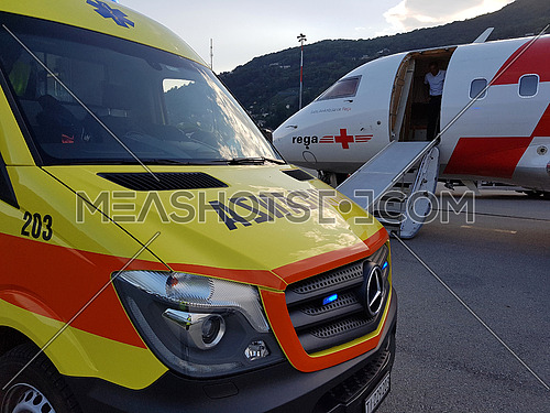 Lugano, Ticino/Switzerland - May 26, 2016: REGA Canadair 640 air ambulance just arrived from Sardegna at Lugano airport for an emergency patient trans