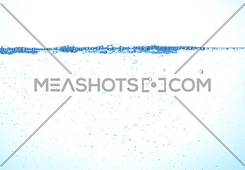 Close up water surface splashing with bubbles and drops isolated on white background, low angle underwater view