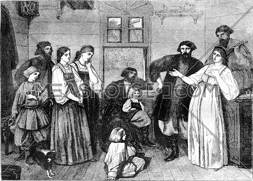 Painting Salon 1861, The Izba, by Isidore Patrois, vintage engraved illustration. Magasin Pittoresque 1861.