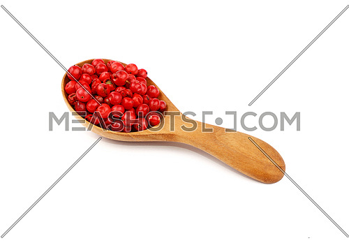 Close up one wooden scoop spoon full of red pink pepper peppercorns isolated on white background, high angle view
