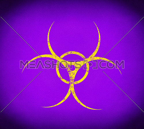 Yellow biohazard warning sign painted over grunge purple violet background with copy space
