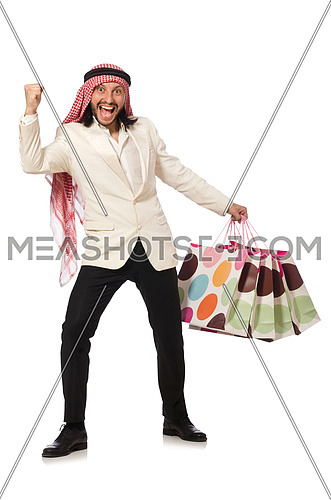 Arab man with shopping bags on white